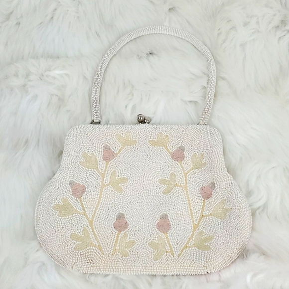 Vintage Debbie beaded small white floral evening purse bag - Picture 1 of 9